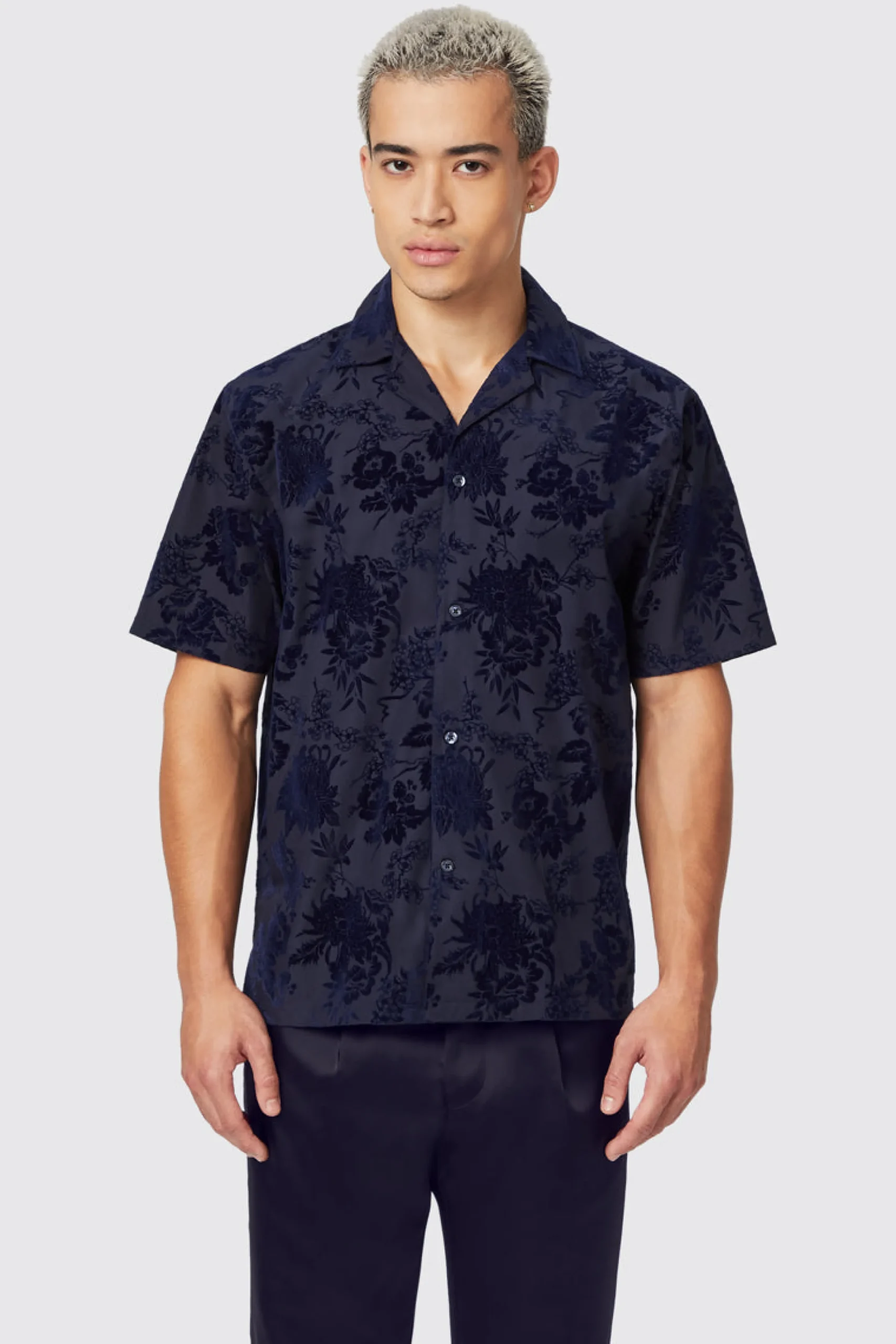 Albon Navy Floral Flocked Short Sleeve Shirt