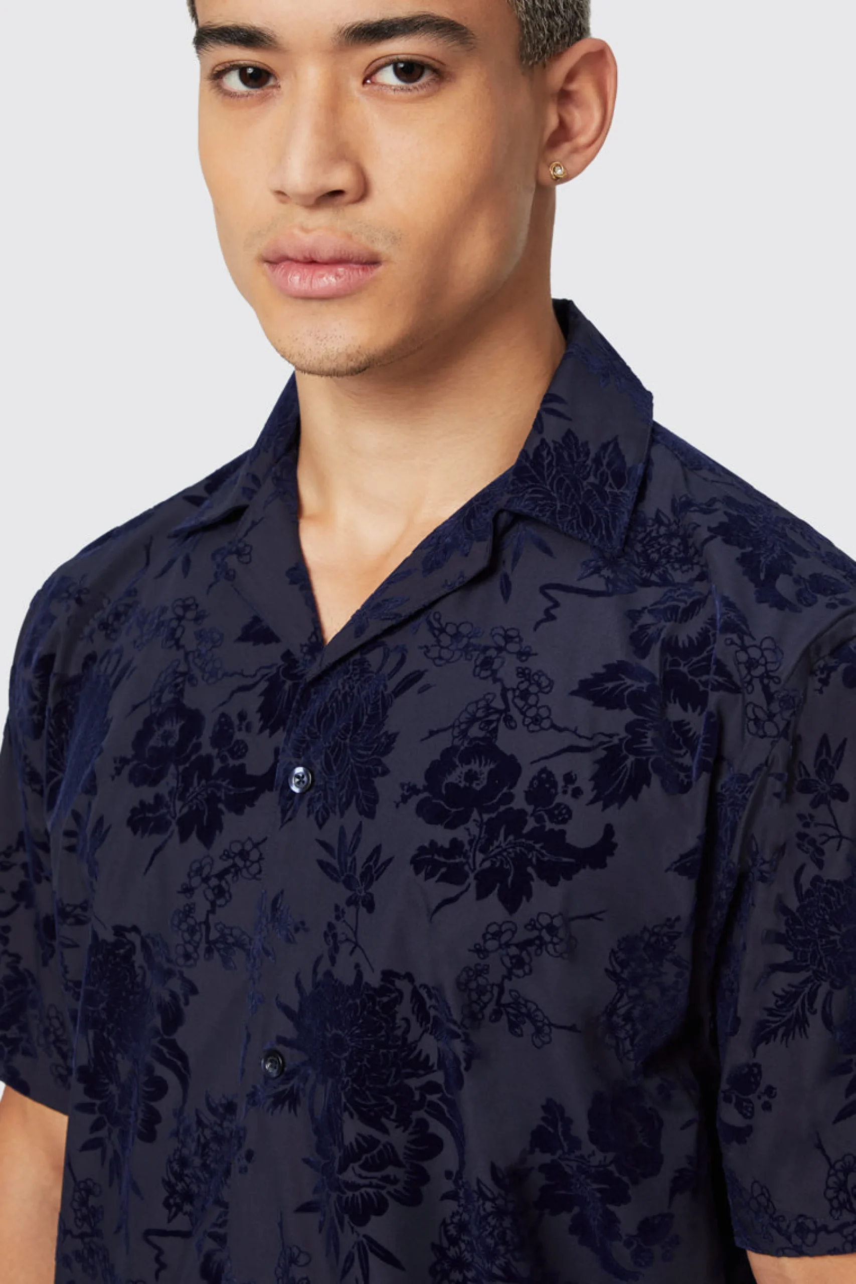 Albon Navy Floral Flocked Short Sleeve Shirt