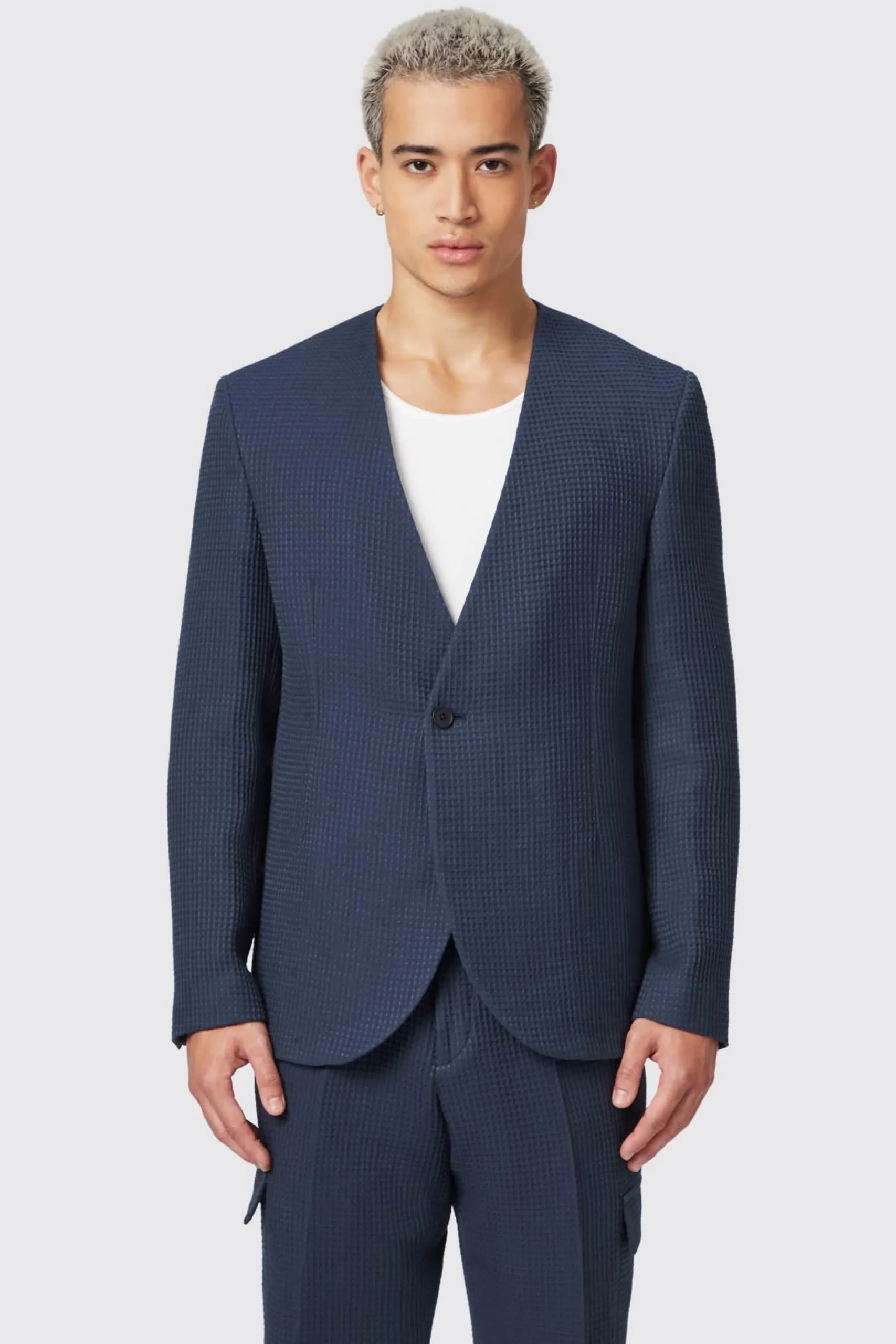 Anthony Oversized Navy Waffle Knit Cotton Jacket
