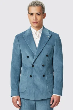 Aston Slim Fit Blue Corduroy Double Breasted Jacket