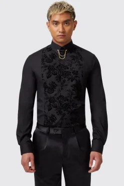 Barilla Slim Fit Black Flocked Floral Shirt