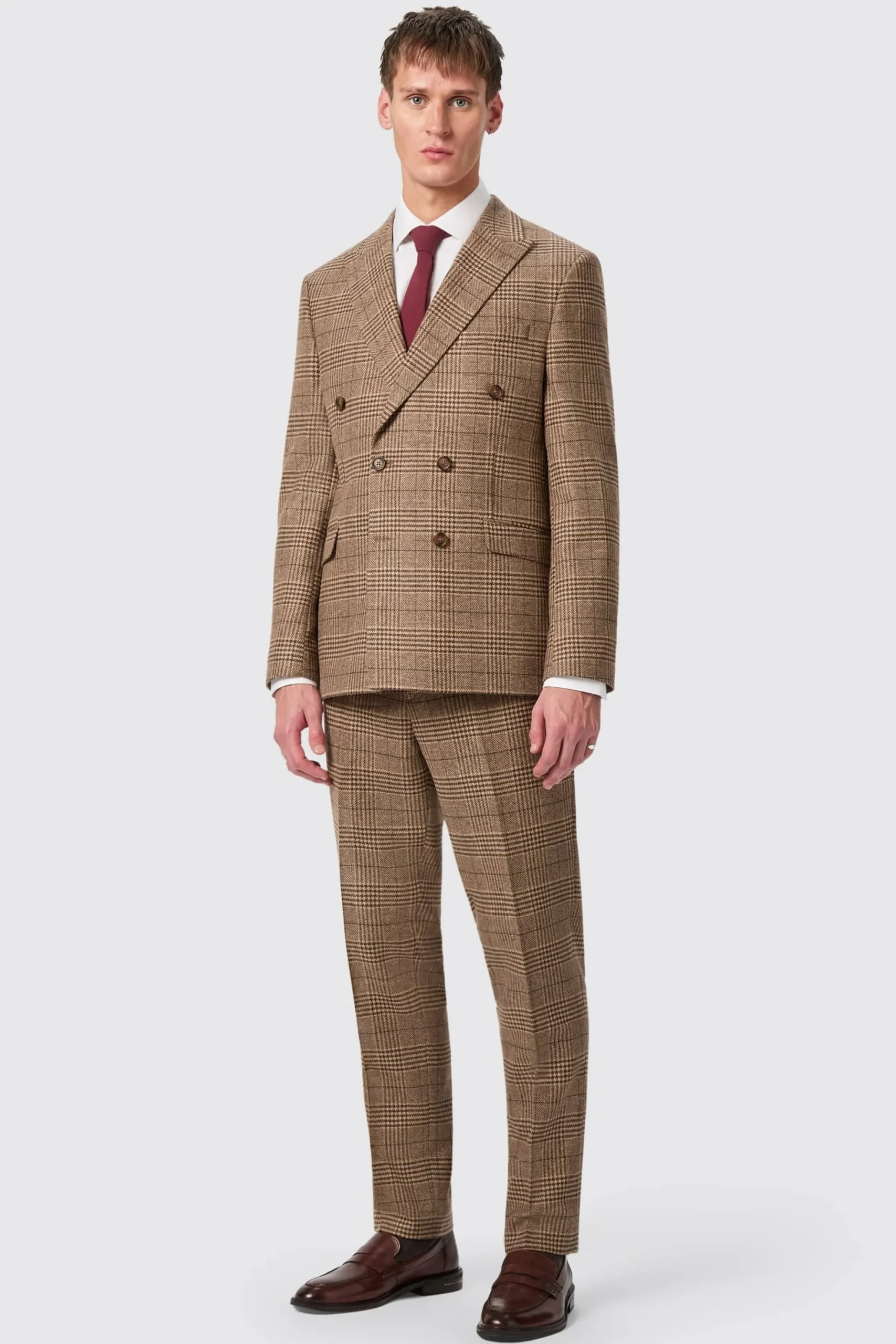 Blackwood Slim Fit Brown Check Double Breasted Jacket