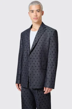 Blugi Slim Fit Blue Denim Heart Flocked Cotton Jacket