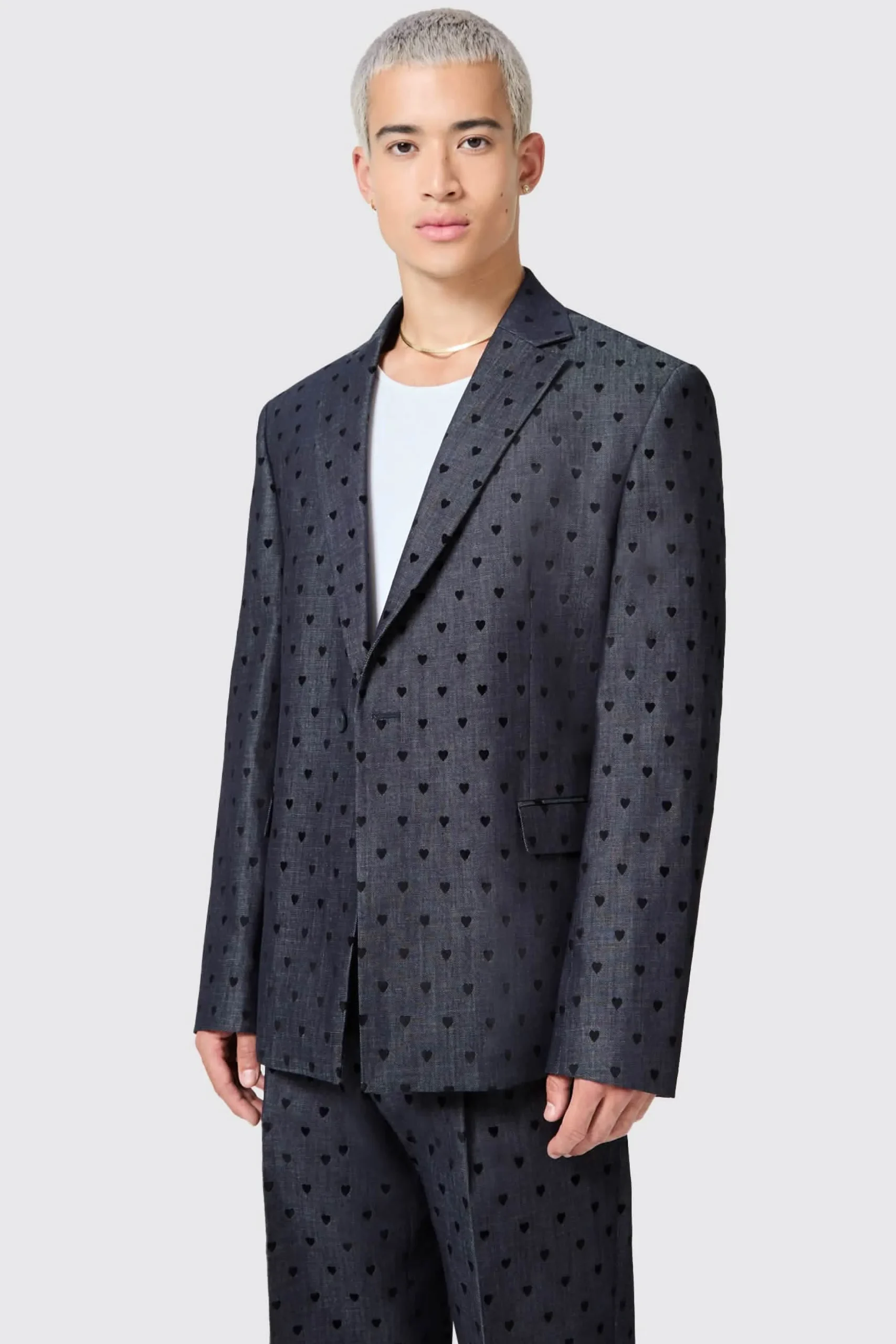 Blugi Slim Fit Blue Denim Heart Flocked Cotton Suit