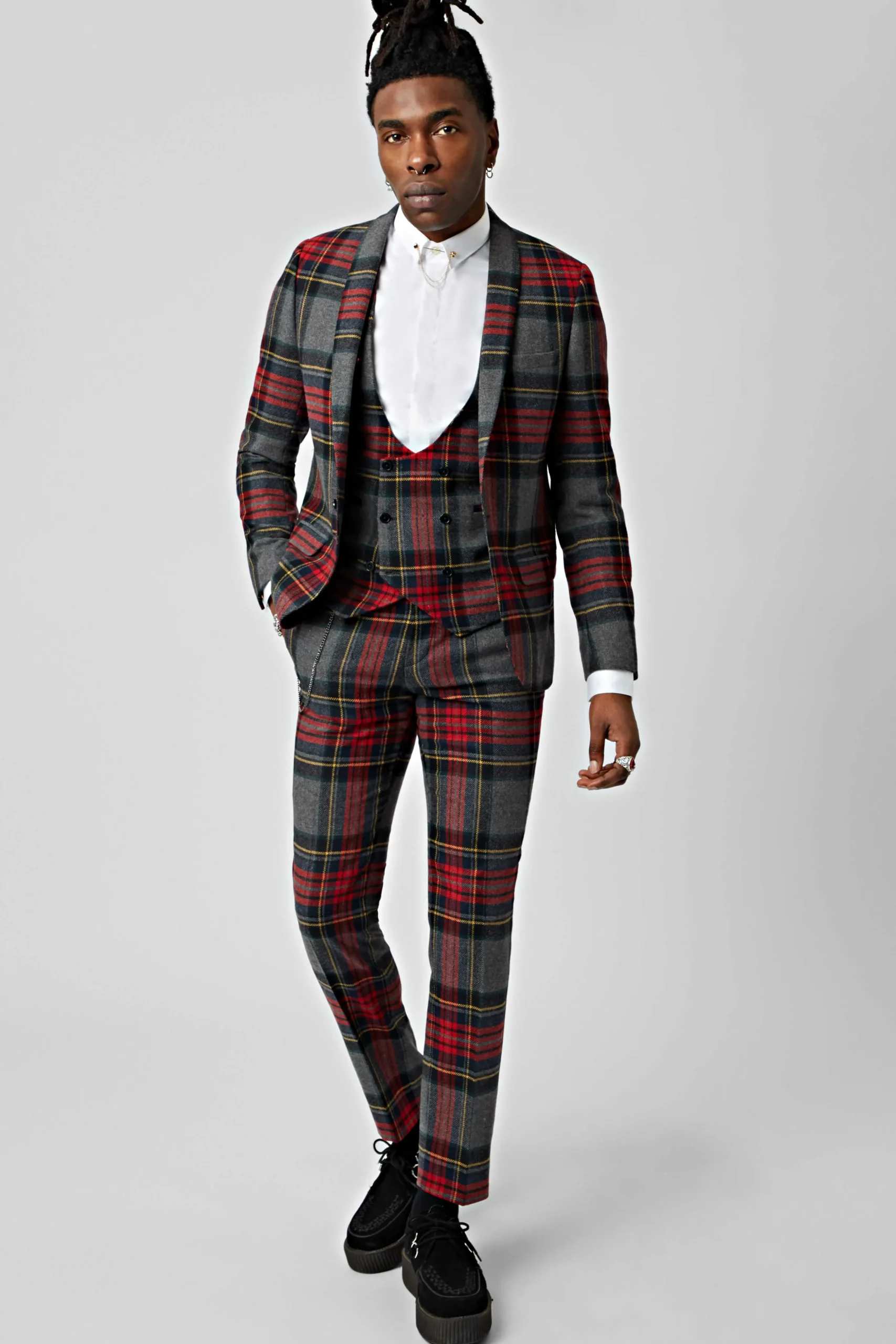 Cardosi Skinny Fit Red Tartan Wool Waistcoat