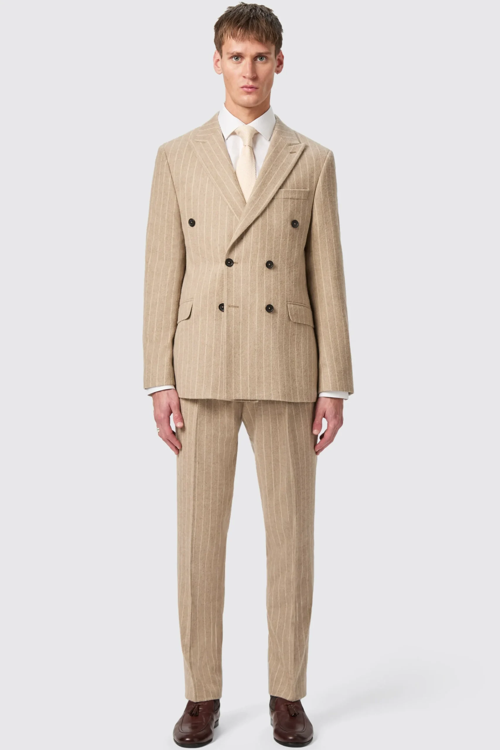 Cornwall Slim Fit Beige Pinstripe Trousers