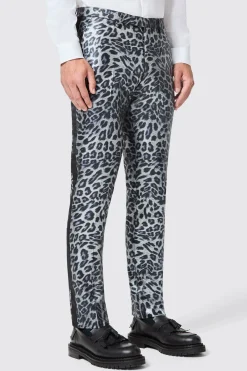 Devries Slim Fit Silver Leopard Print Tuxedo Trousers