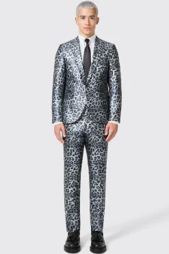 Devries Slim Fit Silver Leopard Print Tuxedo Suit