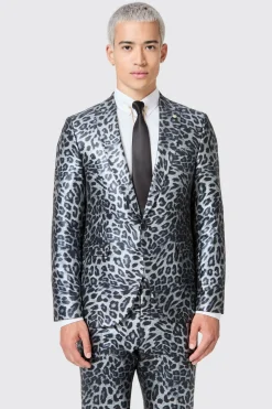 Devries Slim Fit Silver Leopard Print Tuxedo Suit
