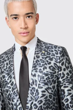 Devries Slim Fit Silver Leopard Print Tuxedo Jacket