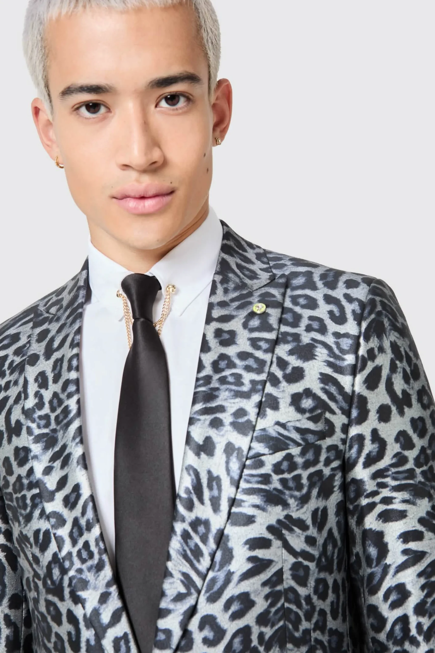 Devries Slim Fit Silver Leopard Print Tuxedo Jacket