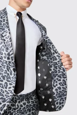 Devries Slim Fit Silver Leopard Print Tuxedo Suit