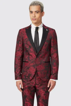 Ersat Skinny Fit Red Floral Jacquard Tuxedo Jacket