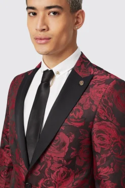 Ersat Skinny Fit Red Floral Jacquard Tuxedo Jacket