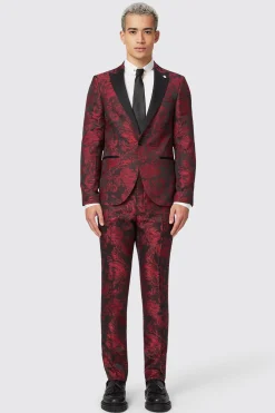 Ersat Skinny Fit Red Floral Jacquard Tuxedo Trouser