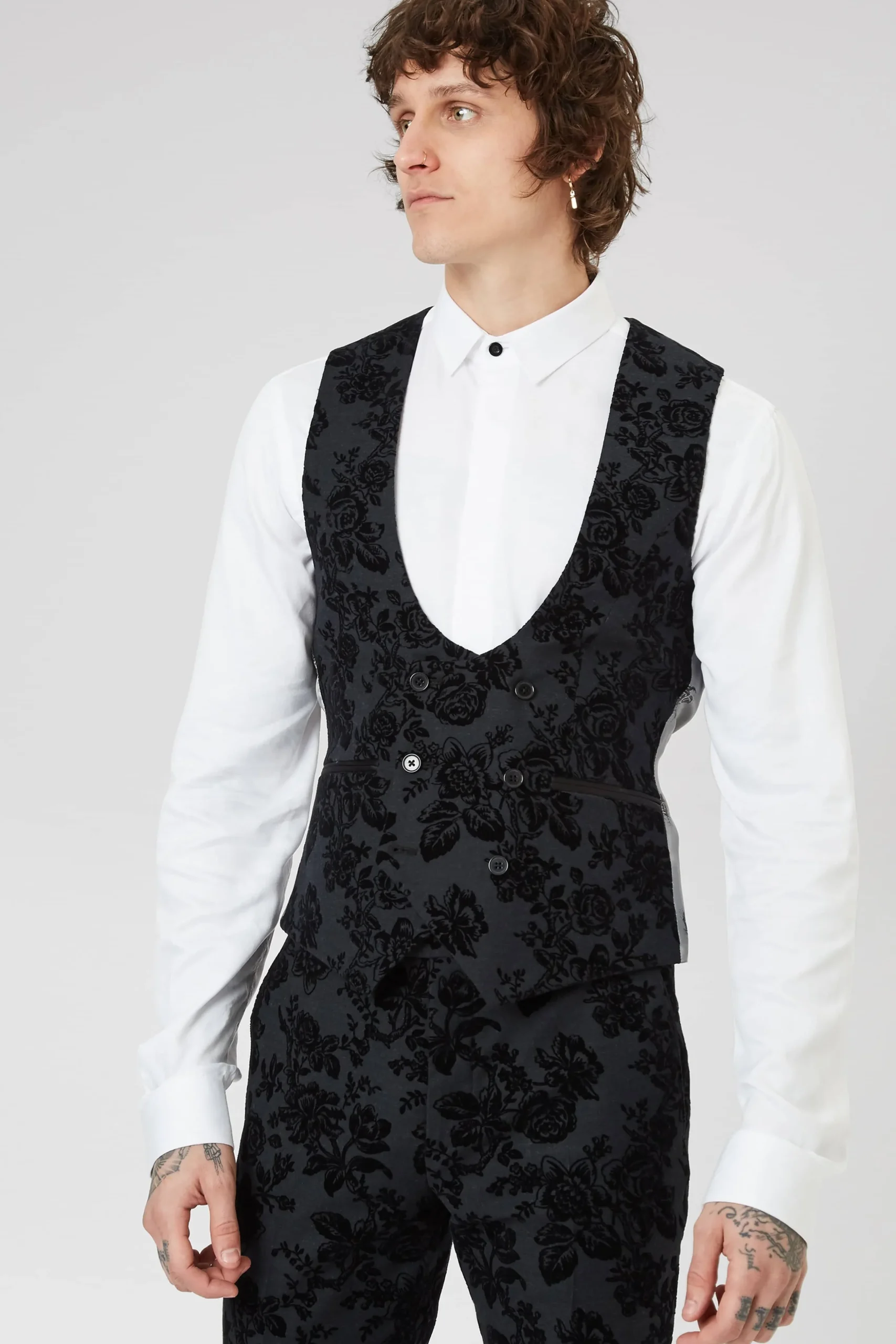 Fleet Skinny Fit Black Floral Tuxedo Waistcoat