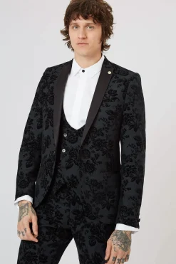 Fleet Skinny Fit Black Floral Tuxedo Suit