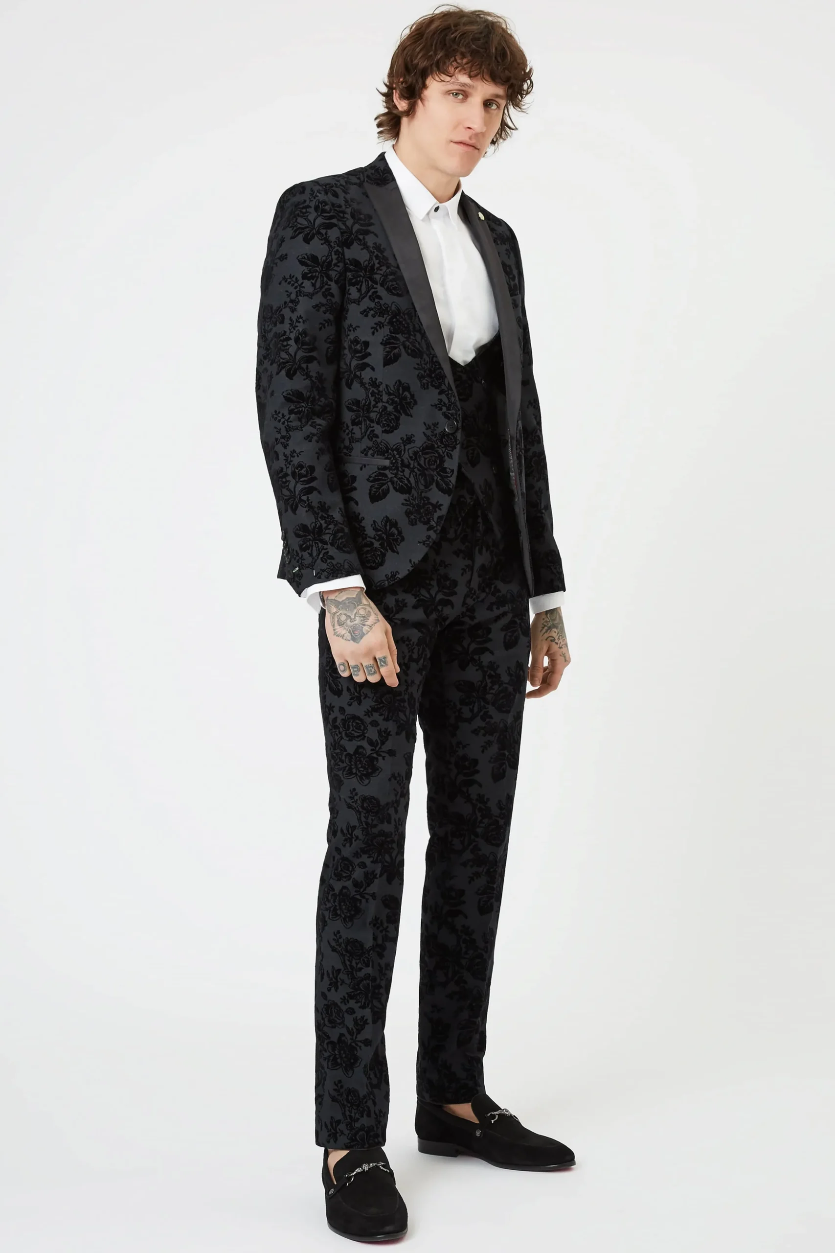 Fleet Skinny Fit Black Floral Tuxedo Waistcoat