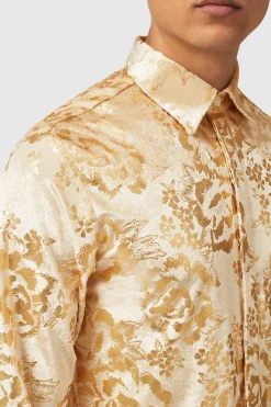 Gaines Slim Fit Champagne Velvet Shirt With Floral Print