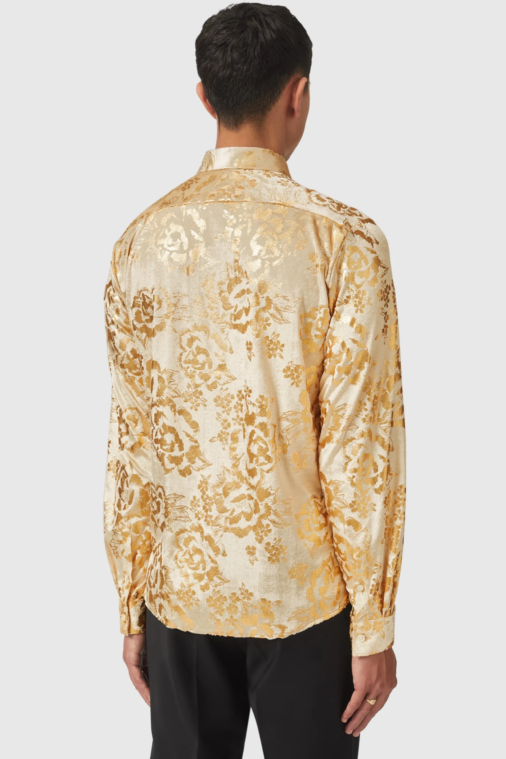 Gaines Slim Fit Champagne Velvet Shirt With Floral Print