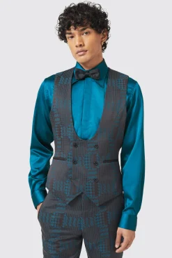 Garland Skinny Fit Black Green Check Waistcoat