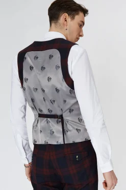 Ginger Skinny Fit Burgundy Tartan Waistcoat