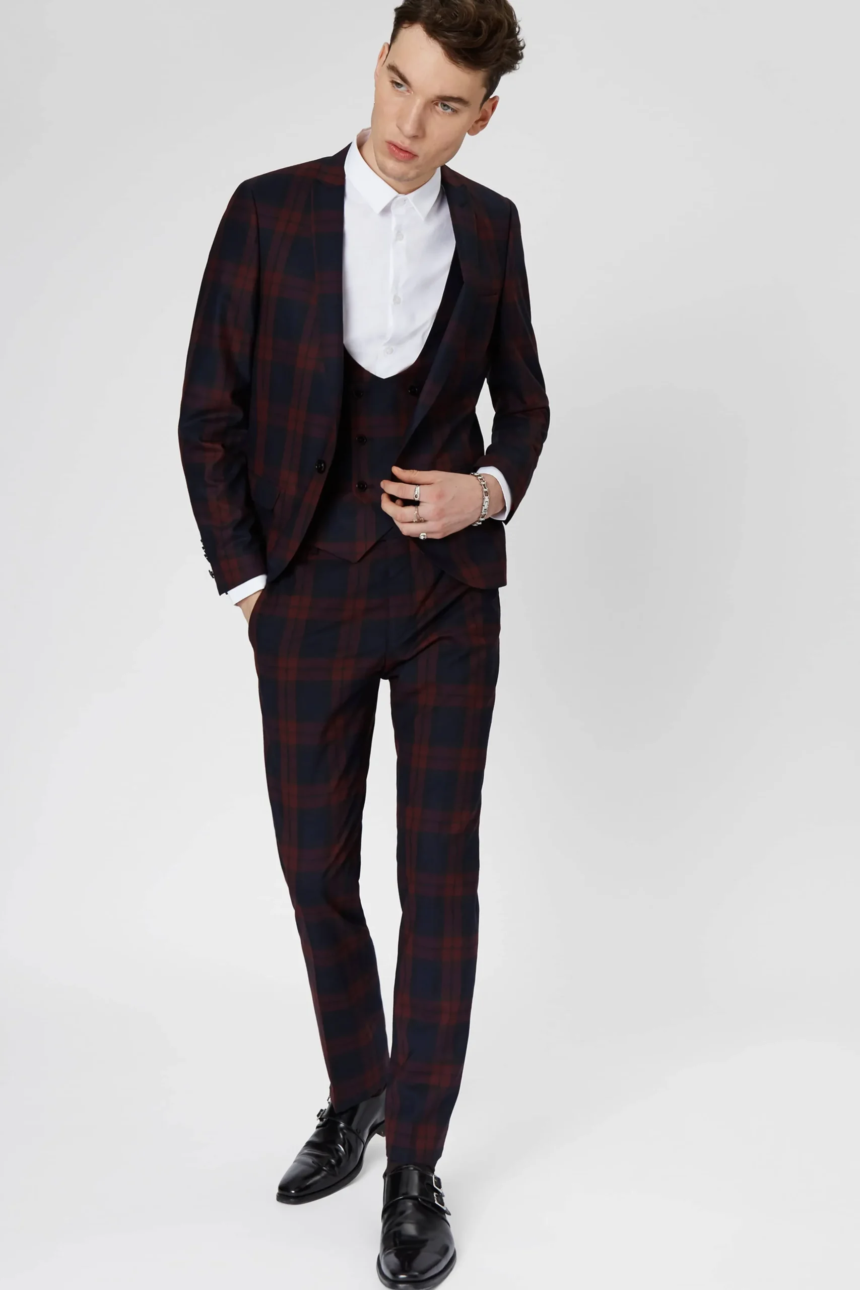 Ginger Skinny Fit Burgundy Tartan Jacket
