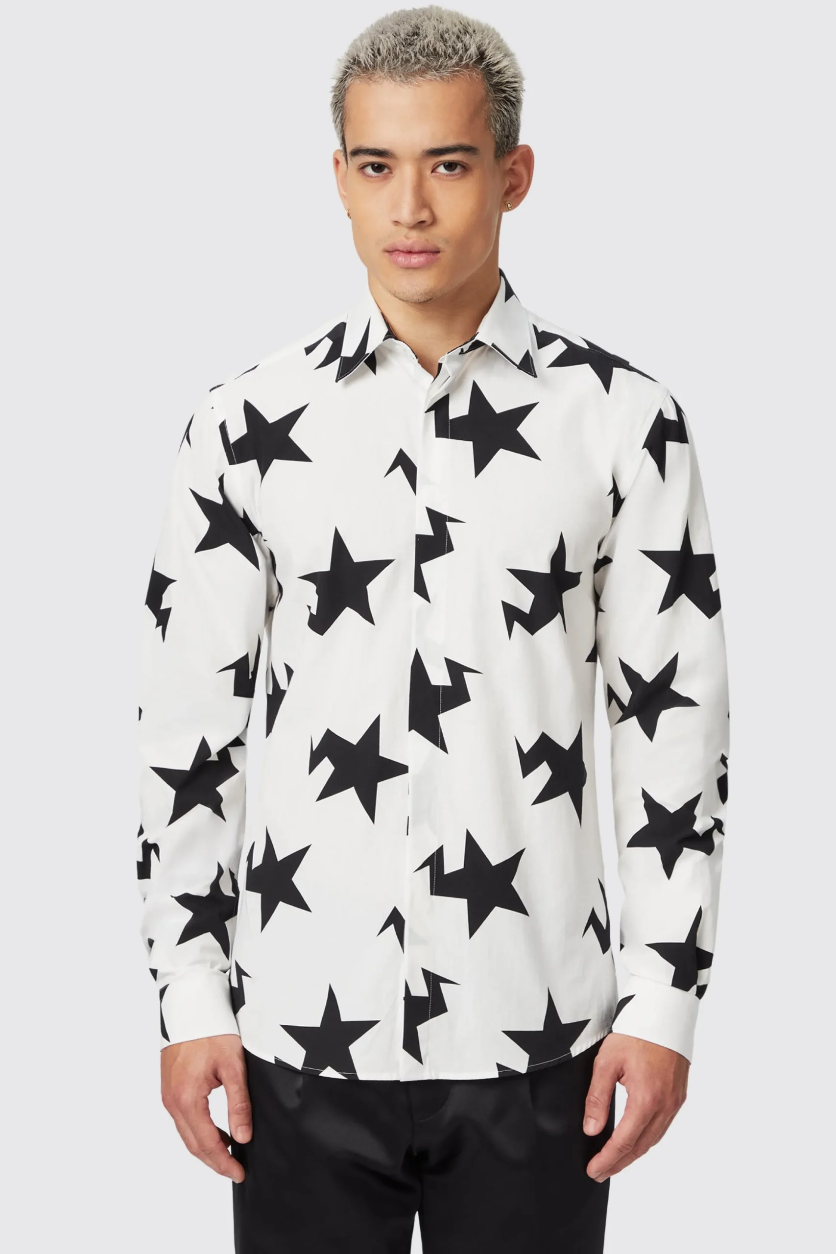 Grosjean Slim Fit White Cotton Star Print Shirt