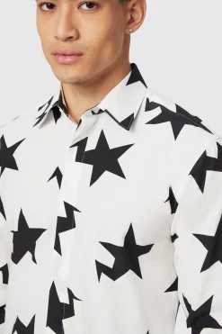 Grosjean Slim Fit White Cotton Star Print Shirt