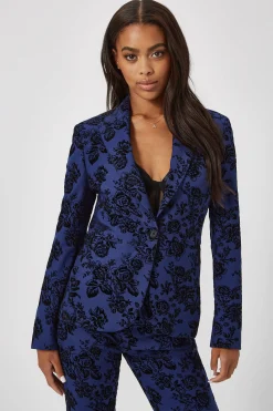 Jackalope Skinny Fit Blue Floral Flocked Jacket
