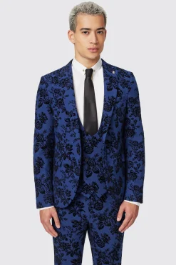 Jackalope Skinny Fit Blue Floral Flocked Jacket