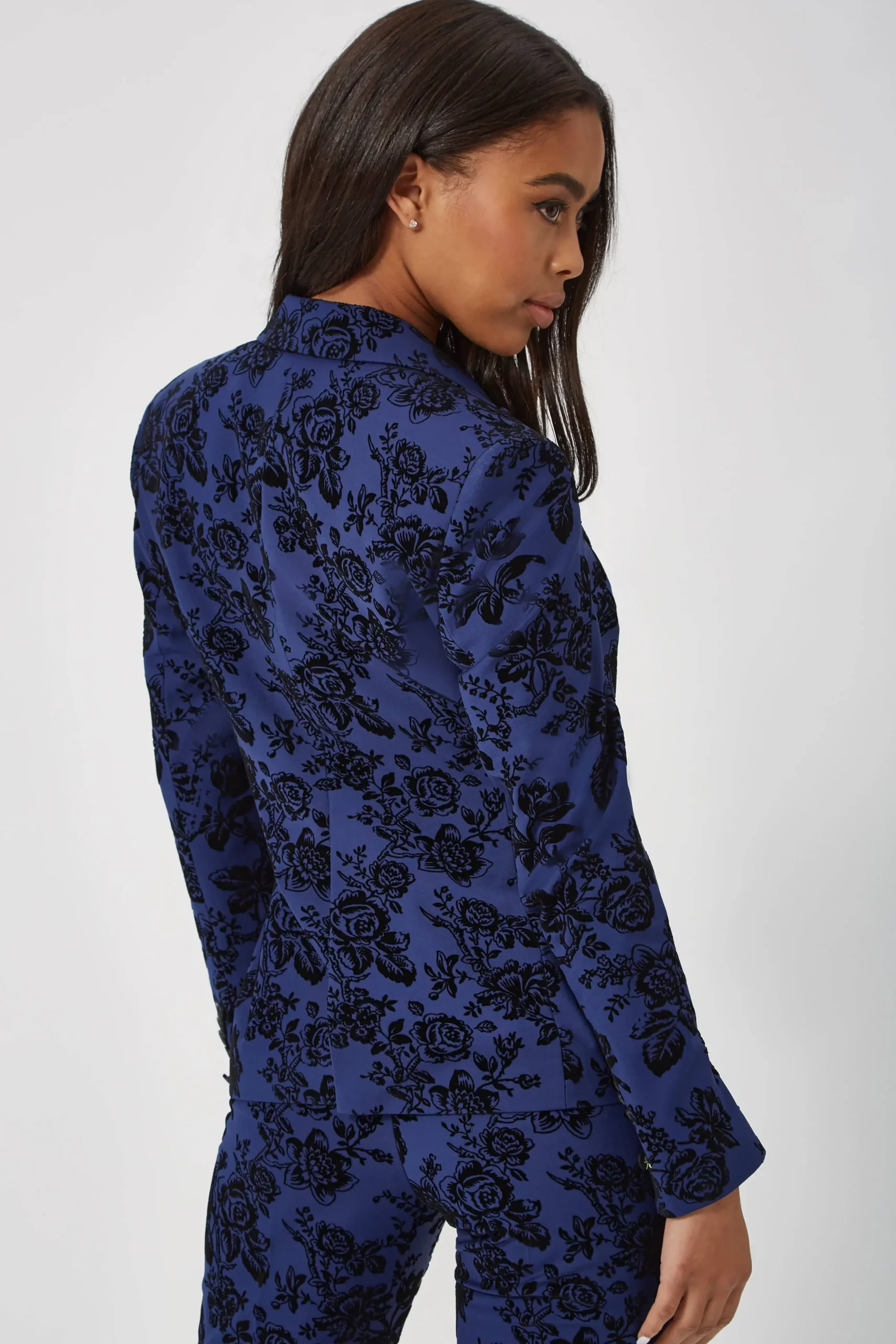 Jackalope Skinny Fit Blue Floral Flocked Jacket