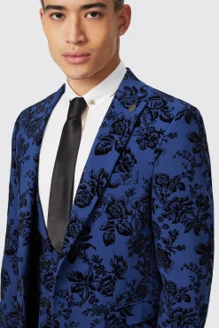 Jackalope Skinny Fit Blue Floral Flocked Jacket