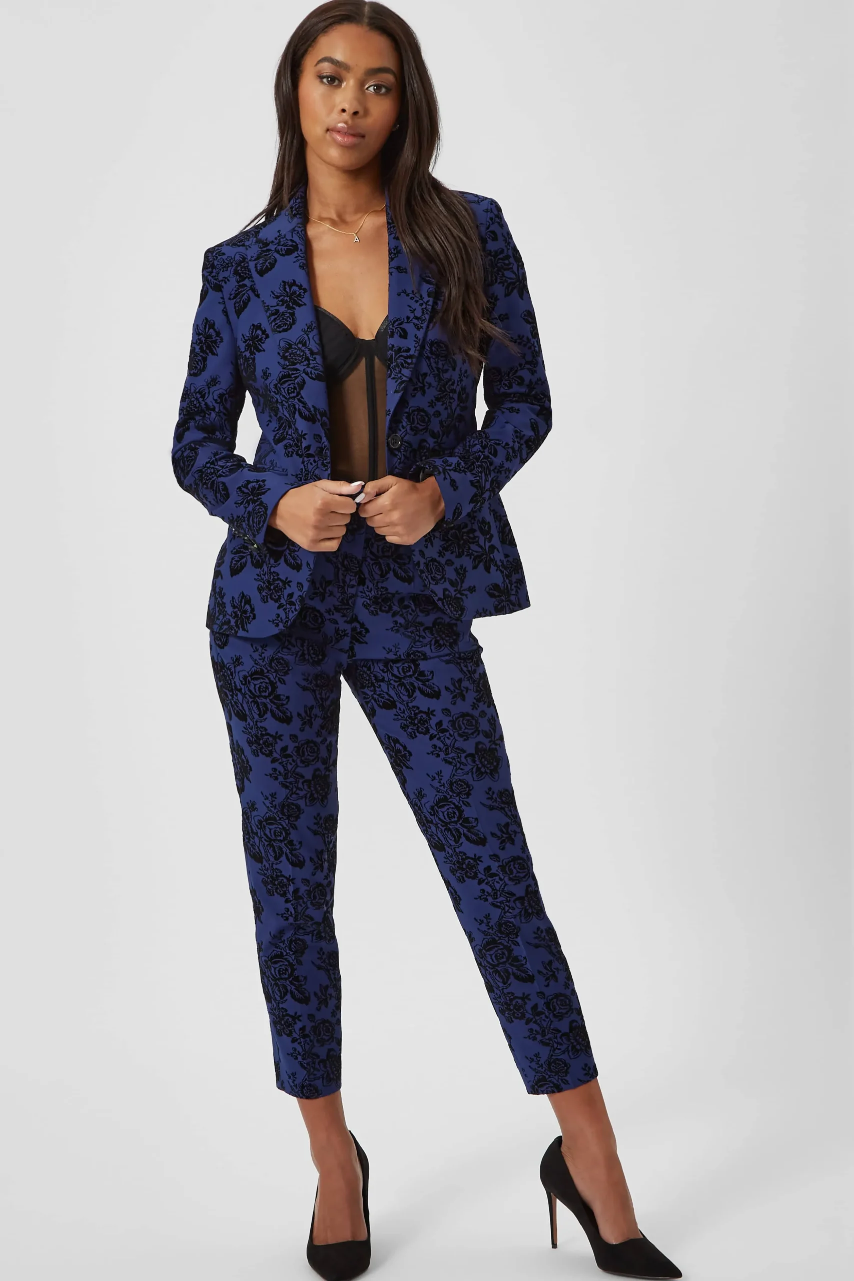 Jackalope Skinny Fit Blue Floral Flocked Jacket