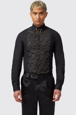 Luizzi Slim Fit Gold Spot Print Black Cotton Shirt