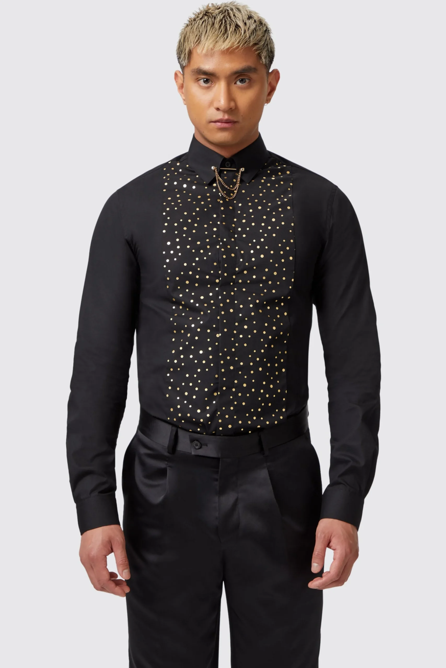 Luizzi Slim Fit Gold Spot Print Black Cotton Shirt