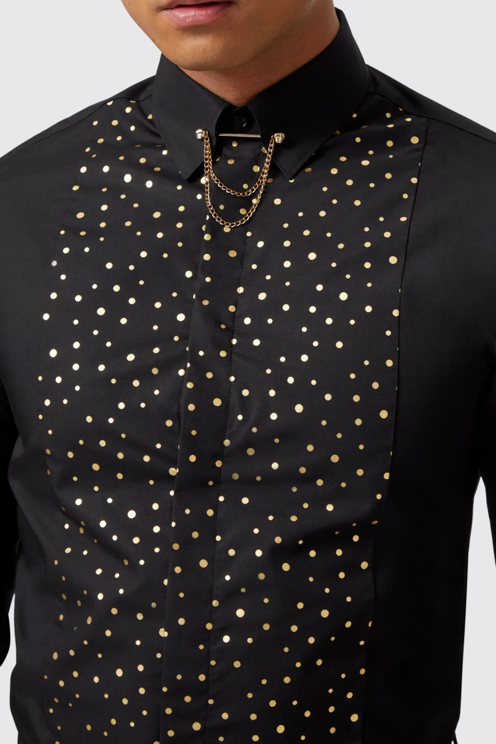 Luizzi Slim Fit Gold Spot Print Black Cotton Shirt