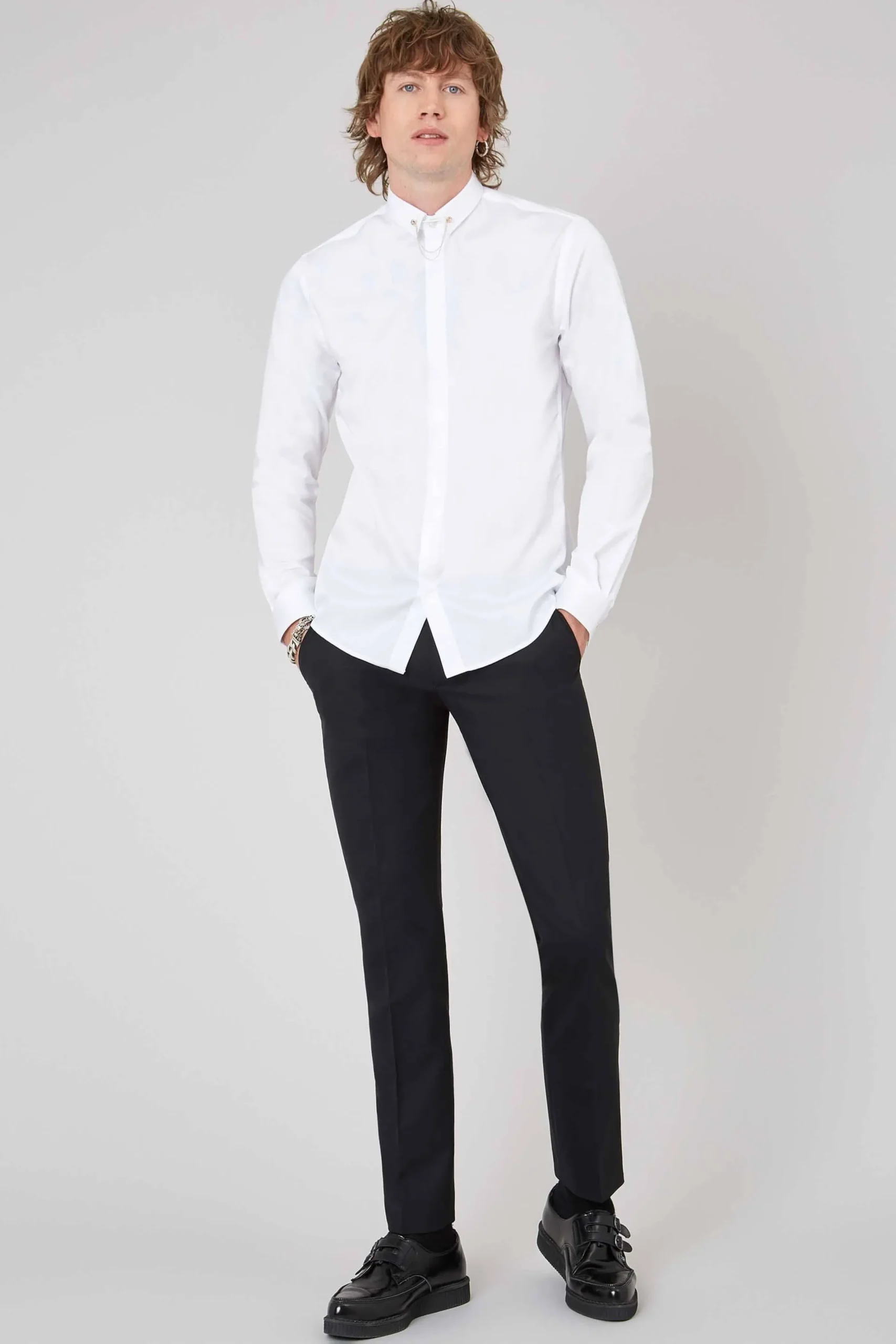 Lynton Skinny Fit White Collar Bar Cotton Shirt