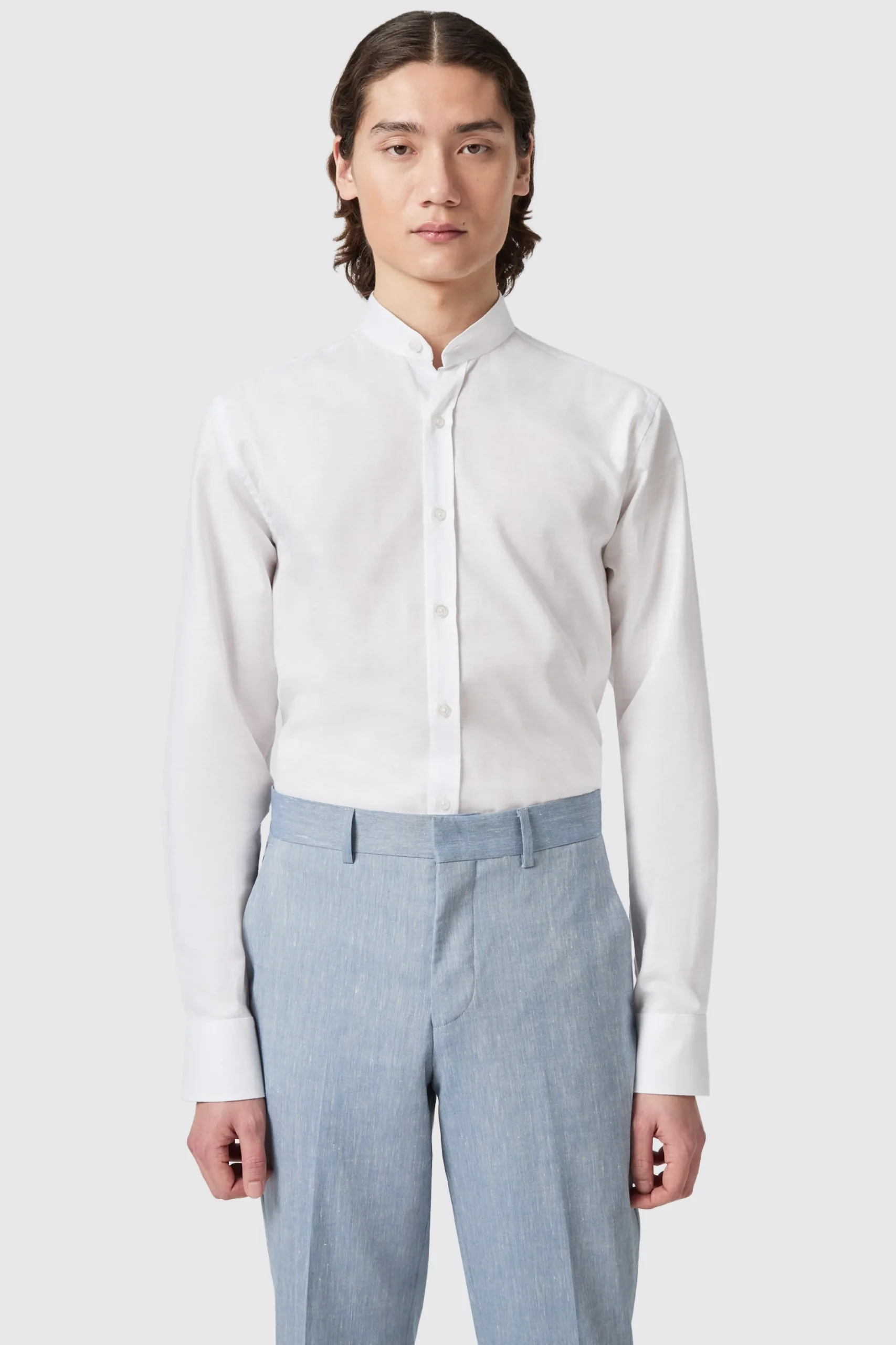 Saunders Slim Fit Grandad Collar White Linen Shirt