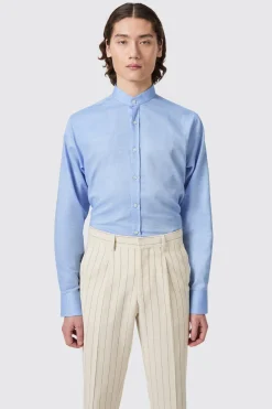 Saunders Slim Fit Grandad Collar Blue Linen Shirt