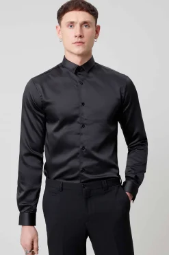 Slinky Slim Fit Black Sateen Shirt