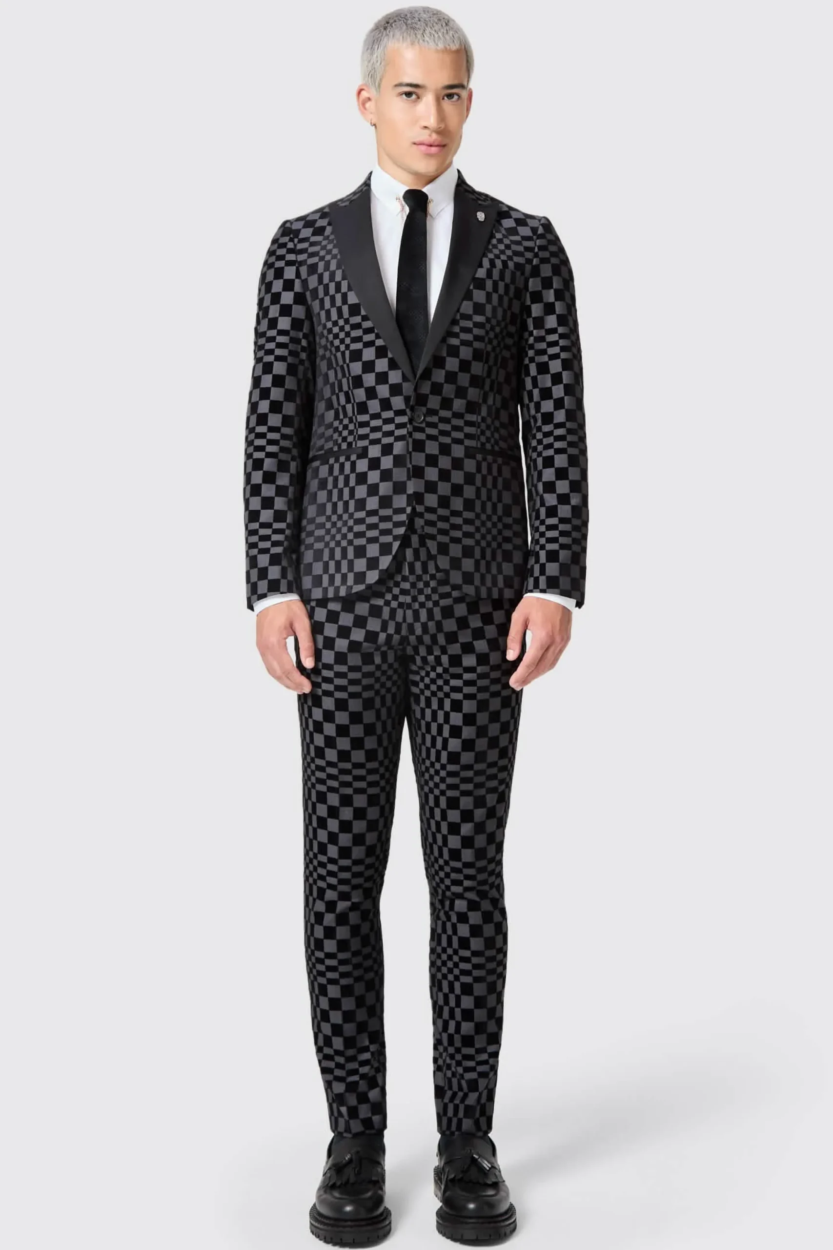 Tiber Skinny Fit Grey Check Tuxedo Suit