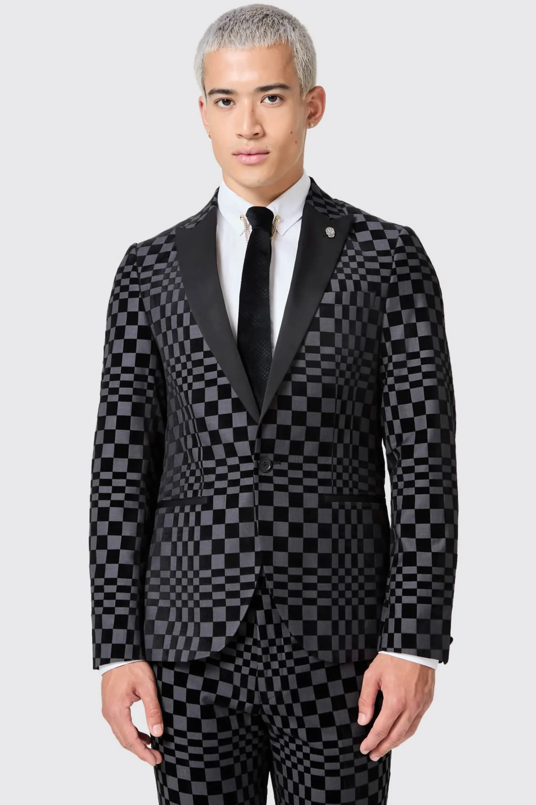 Tiber Skinny Fit Grey Check Tuxedo Suit