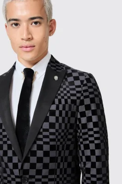 Tiber Skinny Fit Grey Check Tuxedo Jacket