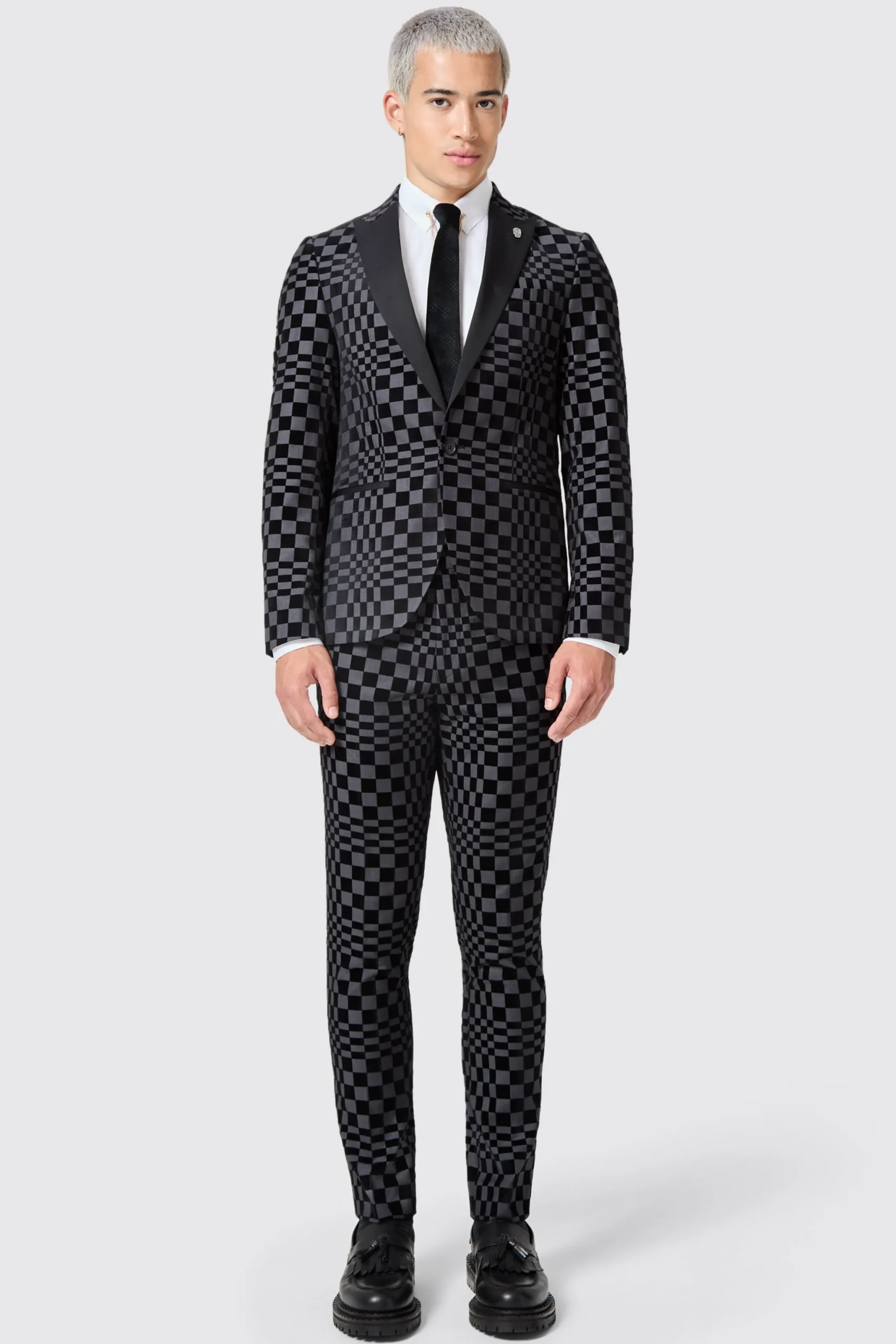 Tiber Skinny Fit Grey Check Tuxedo Trousers
