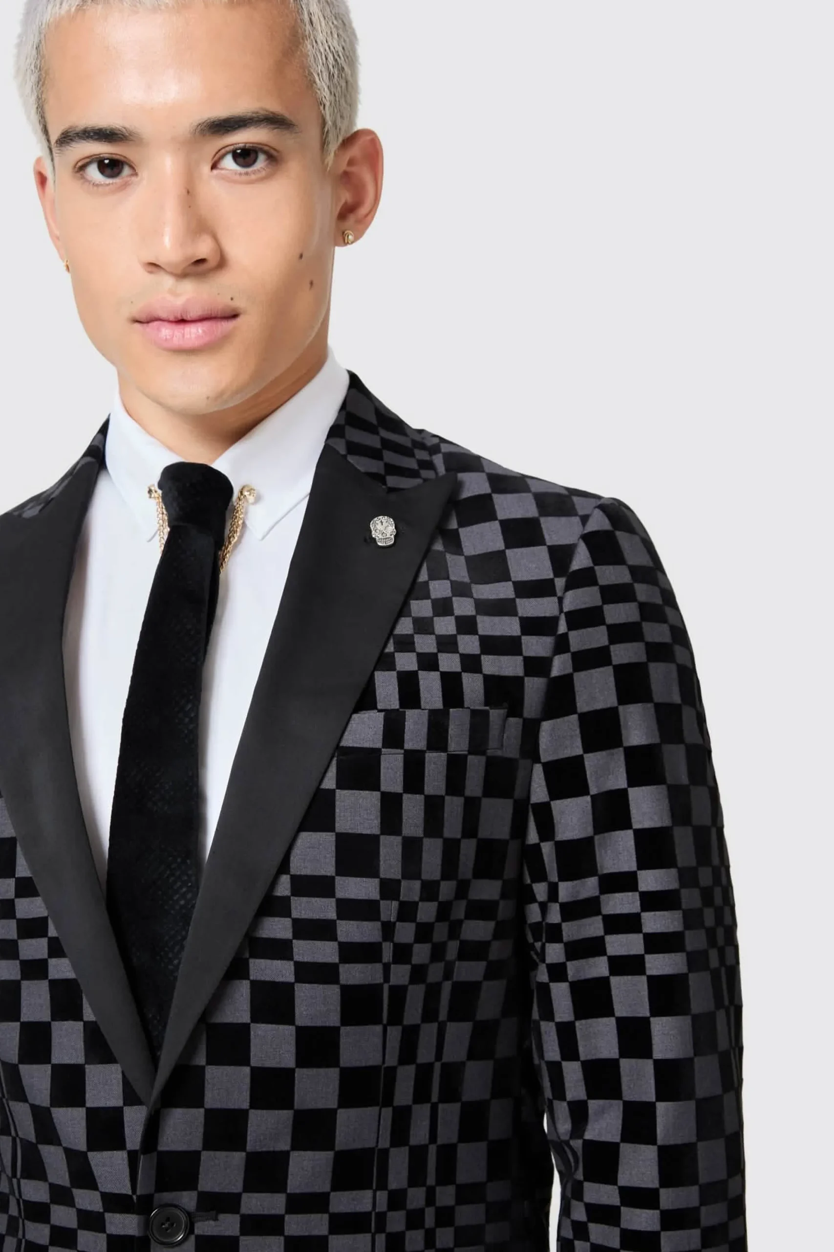 Tiber Skinny Fit Grey Check Tuxedo Suit