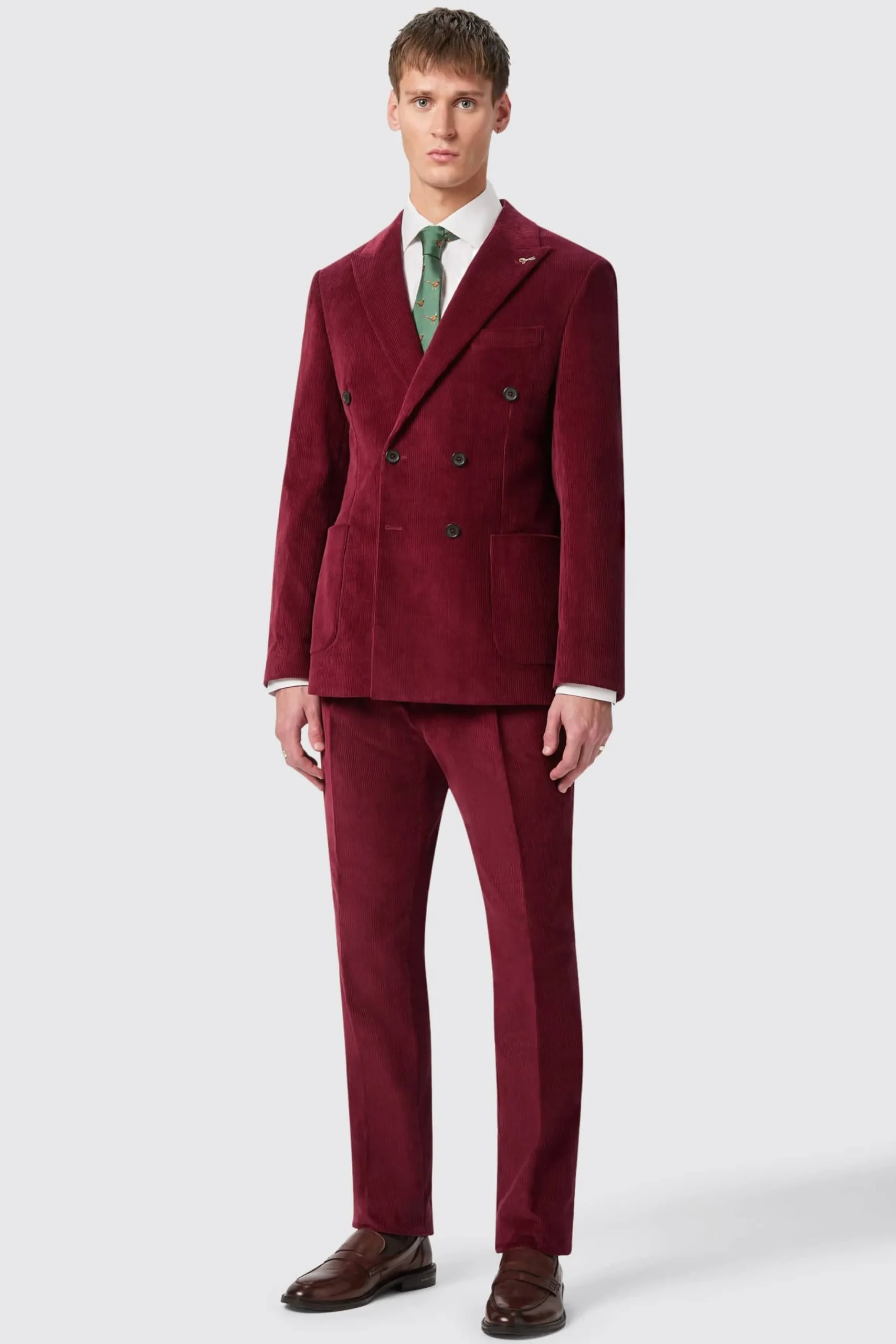 Waugh Slim Fit Burgundy Corduroy Double Breasted Suit
