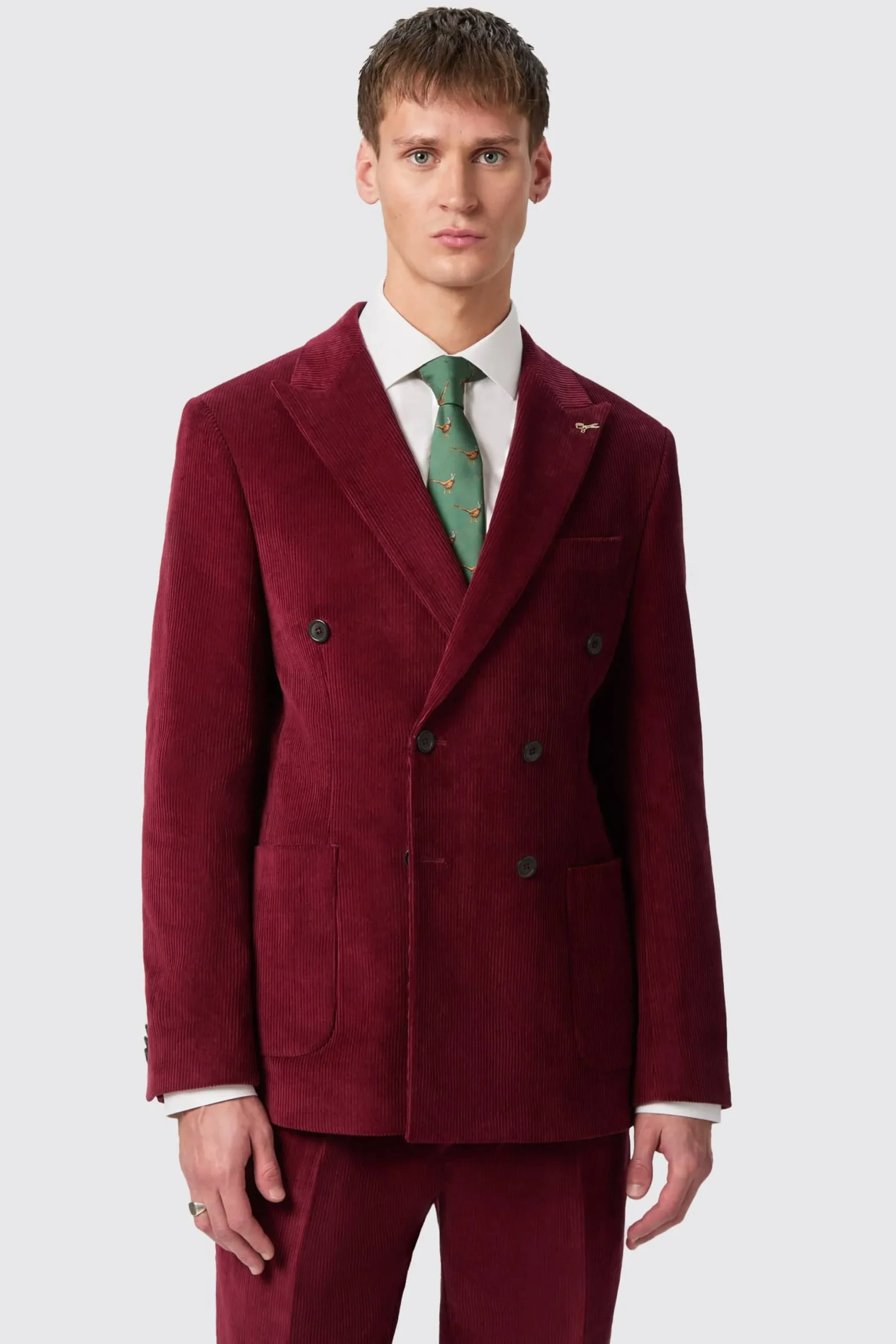 Waugh Slim Fit Burgundy Corduroy Double Breasted Suit