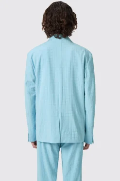 Zidan Oversized Blue Jacquard Double Breasted Jacket