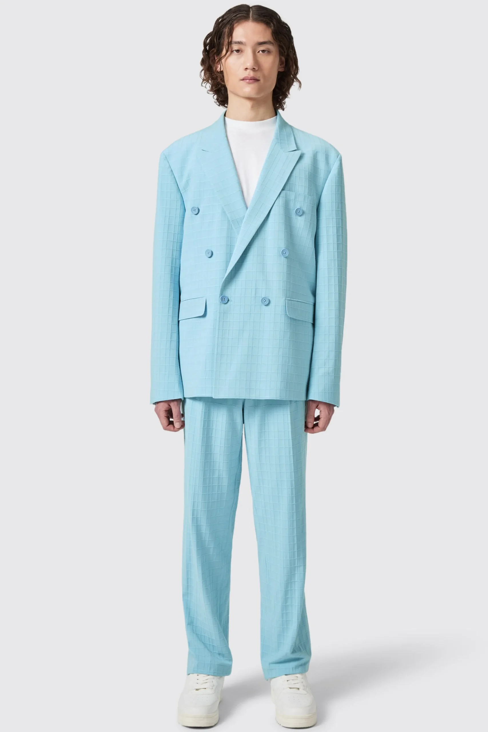 Zidan Oversized Blue Jacquard Double Breasted Jacket